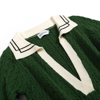 Women Green Deep V Neck Long Sleeve Knitted Sweater