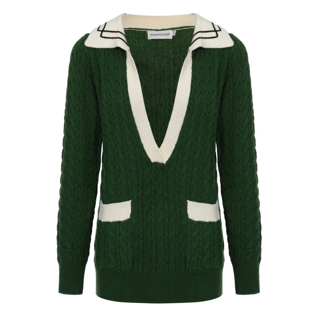 Women Green Deep V Neck Long Sleeve Knitted Sweater