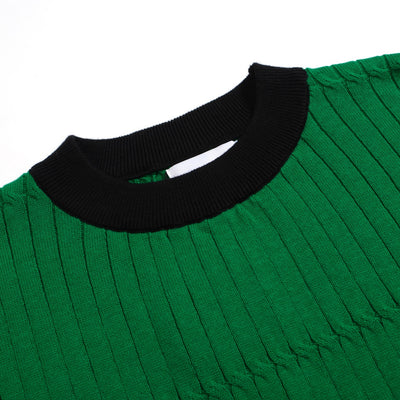 Women Green Long Sleeve Knitted Top With Black Ribbed Collar