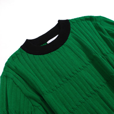 Women Green Long Sleeve Knitted Top With Black Ribbed Collar