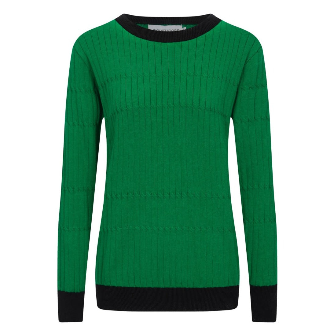 Women Green Long Sleeve Knitted Top With Black Ribbed Collar