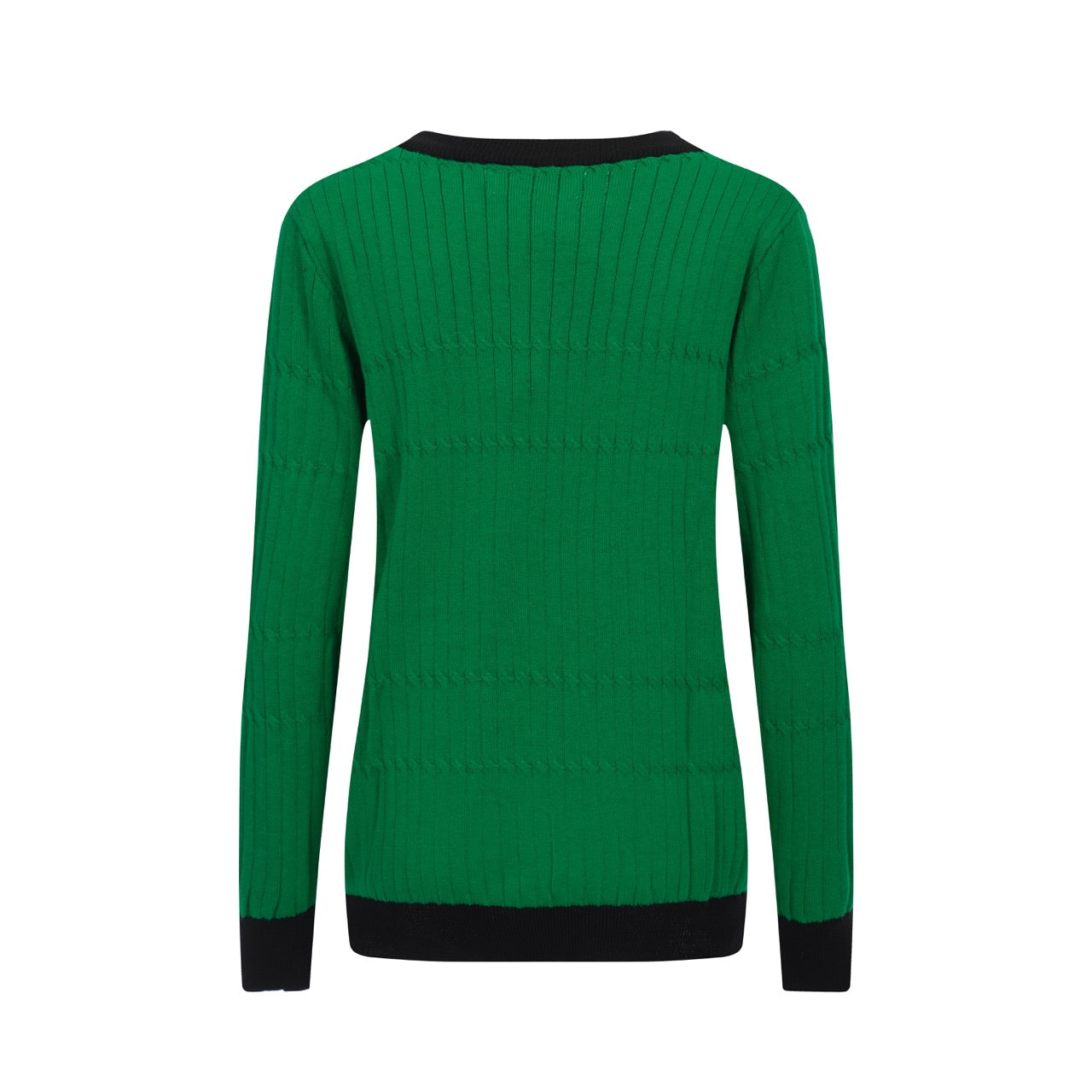 Women Green Long Sleeve Knitted Top With Black Ribbed Collar