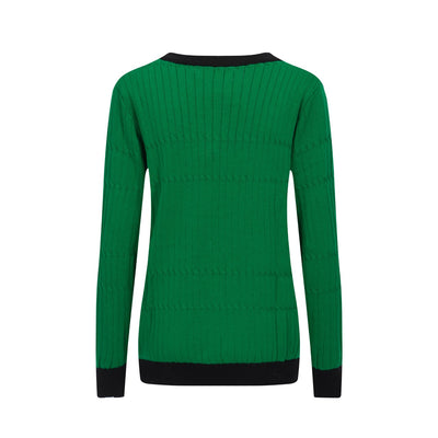 Women Green Long Sleeve Knitted Top With Black Ribbed Collar