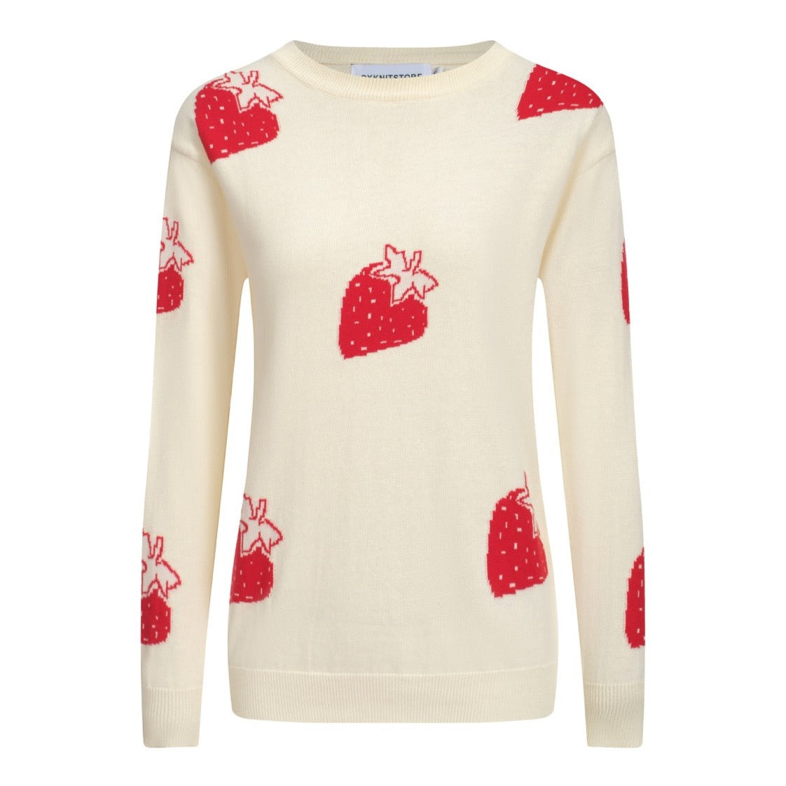 Women White Knitted Sweater with Red Strawberry Print