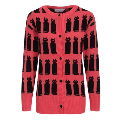Women's Black Cat Pink Cardigan Knitted Sweater