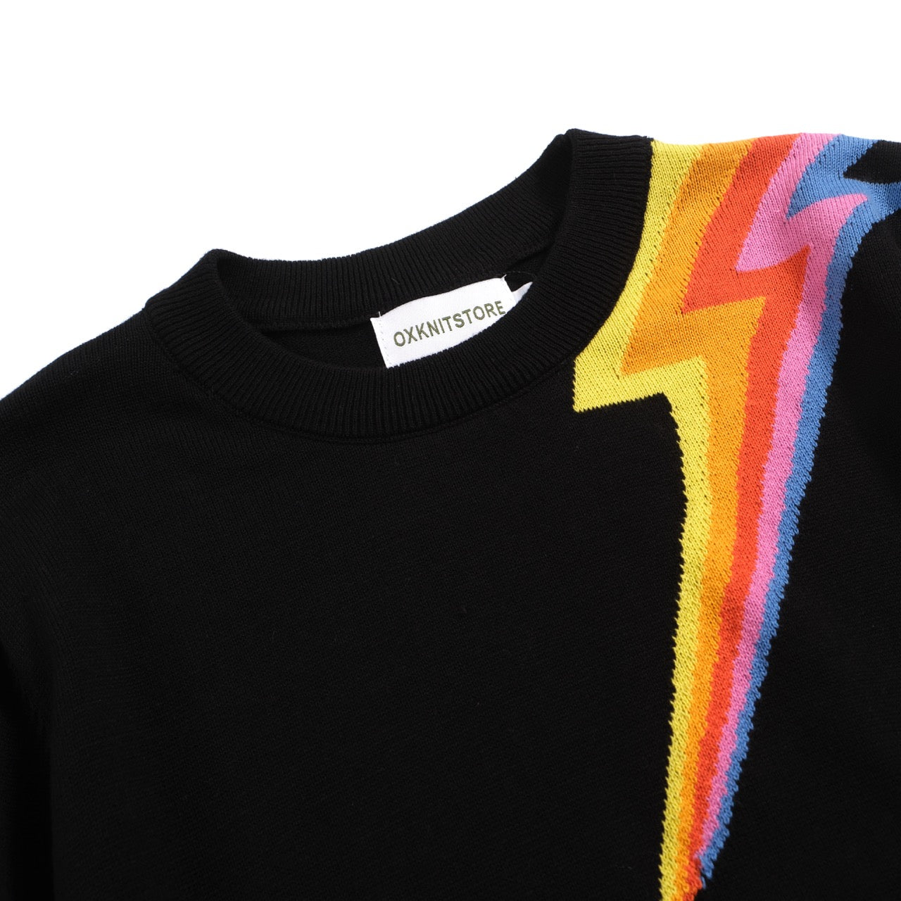 Women's Black Knitted T-Shirt With Rainbow Lightning & Sleeve
