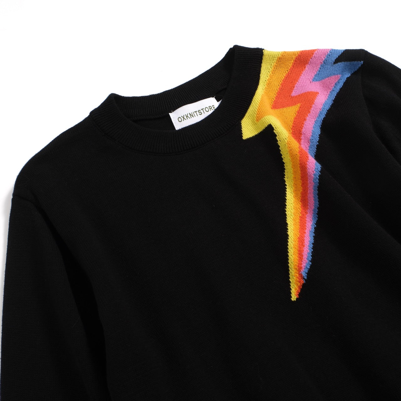 Women's Black Knitted T-Shirt With Rainbow Lightning & Sleeve