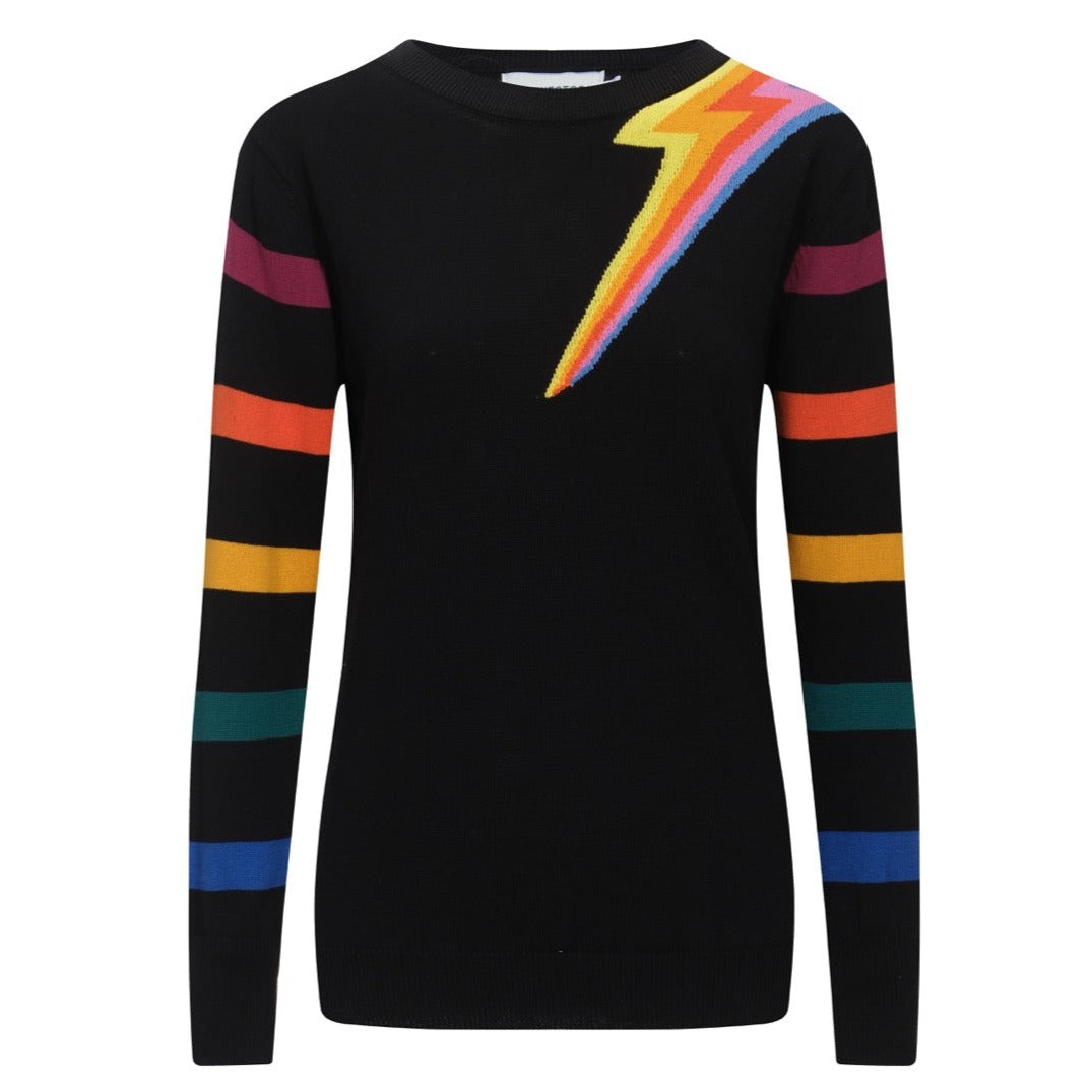 Women's Black Knitted T-Shirt With Rainbow Stripe Sleeve & Lightning