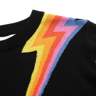 Women's Black Knitted T-Shirt With Rainbow Stripe Sleeve & Lightning
