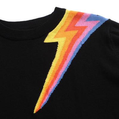 Women's Black Knitted T-Shirt With Rainbow Sleeve & Lightning
