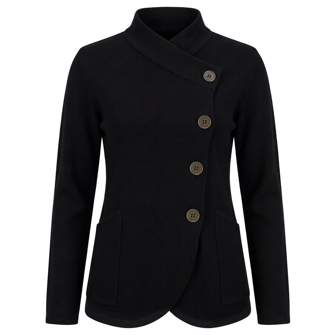 Women's black knit cardigan with an asymmetric crossover collar, four decorative buttons and two front pockets.