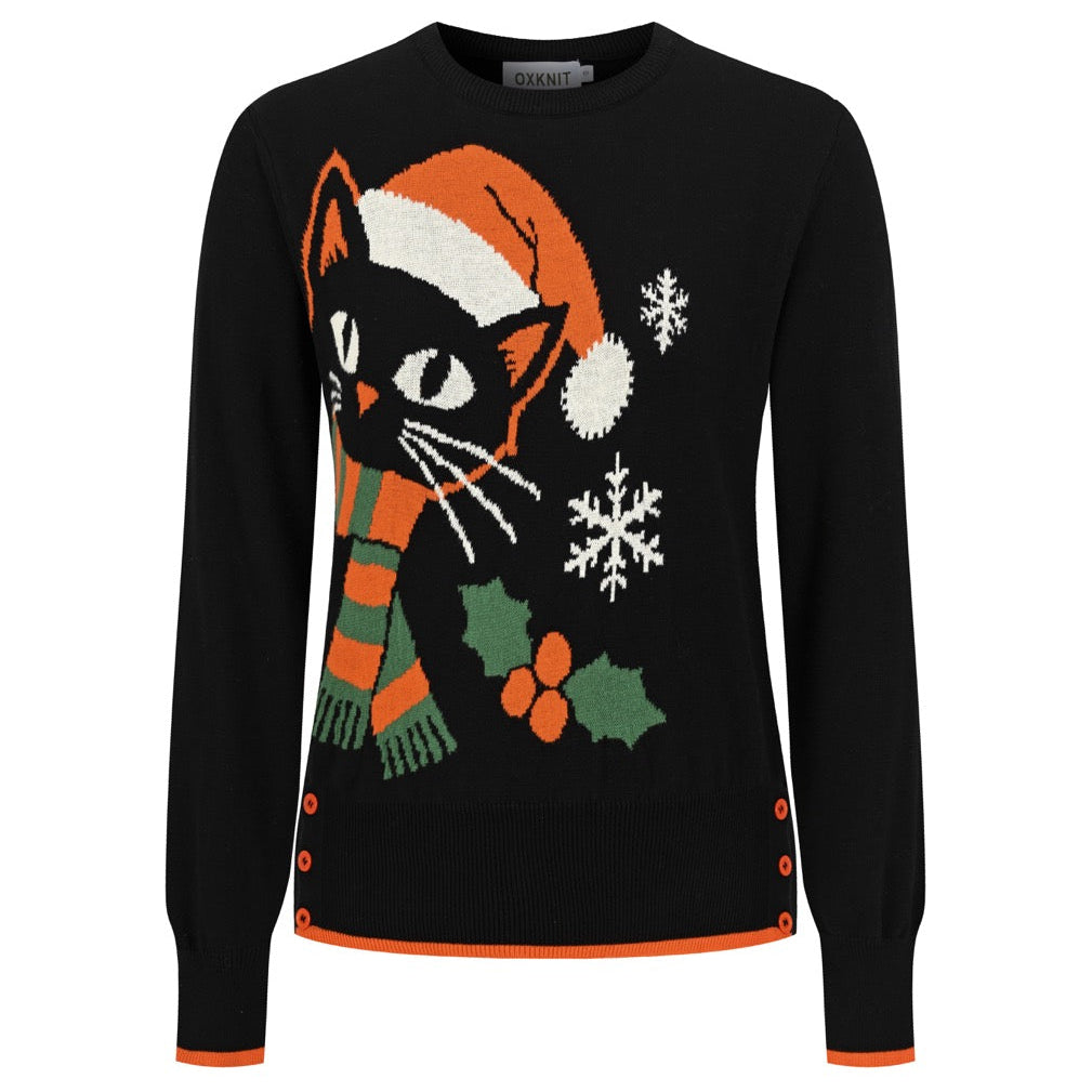 Women's black Christmas cat jacquard knit sweater featuring a cat in a Santa hat and scarf with snowflake details.