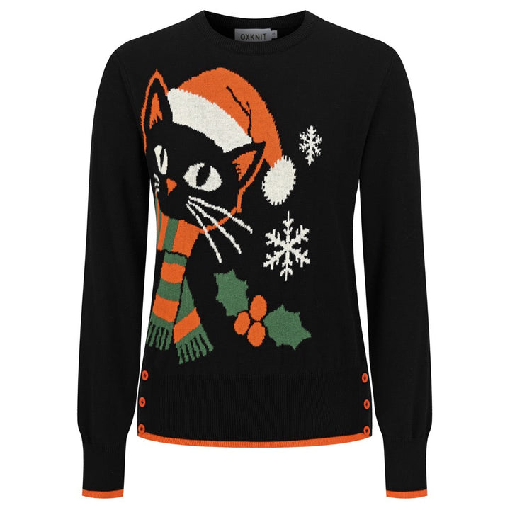 Women's black Christmas cat jacquard knit sweater featuring a cat in a Santa hat and scarf with snowflake details.