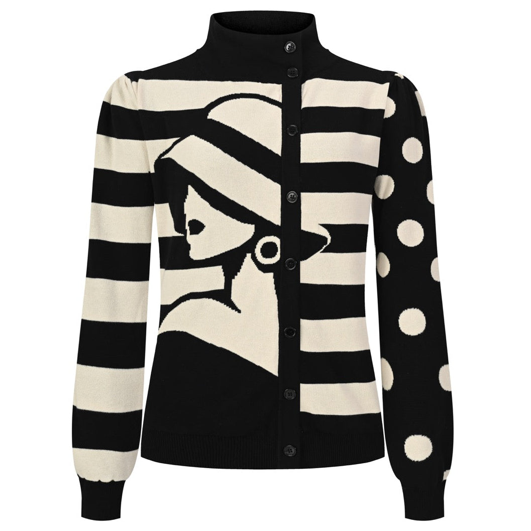 Women's black and cream Op Art knit cardigan featuring an abstract face graphic, bold geometric stripes, polka dot sleeve, high neck, and button-up front.