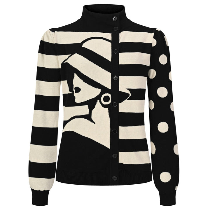 Women's black and cream Op Art knit cardigan featuring an abstract face graphic, bold geometric stripes, polka dot sleeve, high neck, and button-up front.