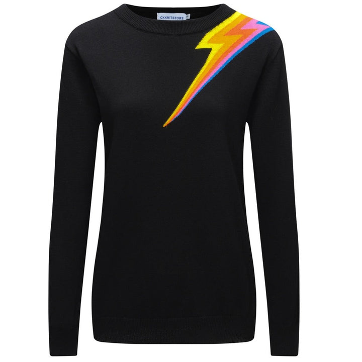 Women's black knit sweater with a colorful lightning bolt design on the shoulder and chest, long sleeves, and a crew neck.