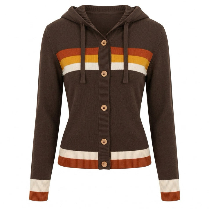 Women's brown cropped knit cardigan with a hood, button front, retro cream, yellow, and rust stripes, and contrasting ribbed cuffs and hem.