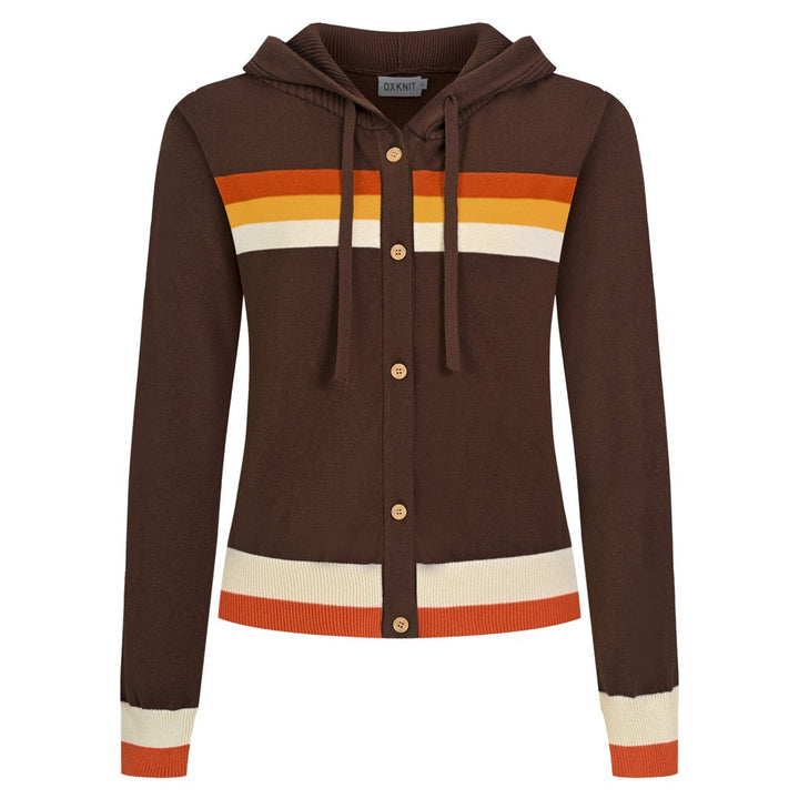 Women's brown cropped hooded knit cardigan featuring colorful orange, mustard yellow, and cream horizontal stripes with a button-front design.