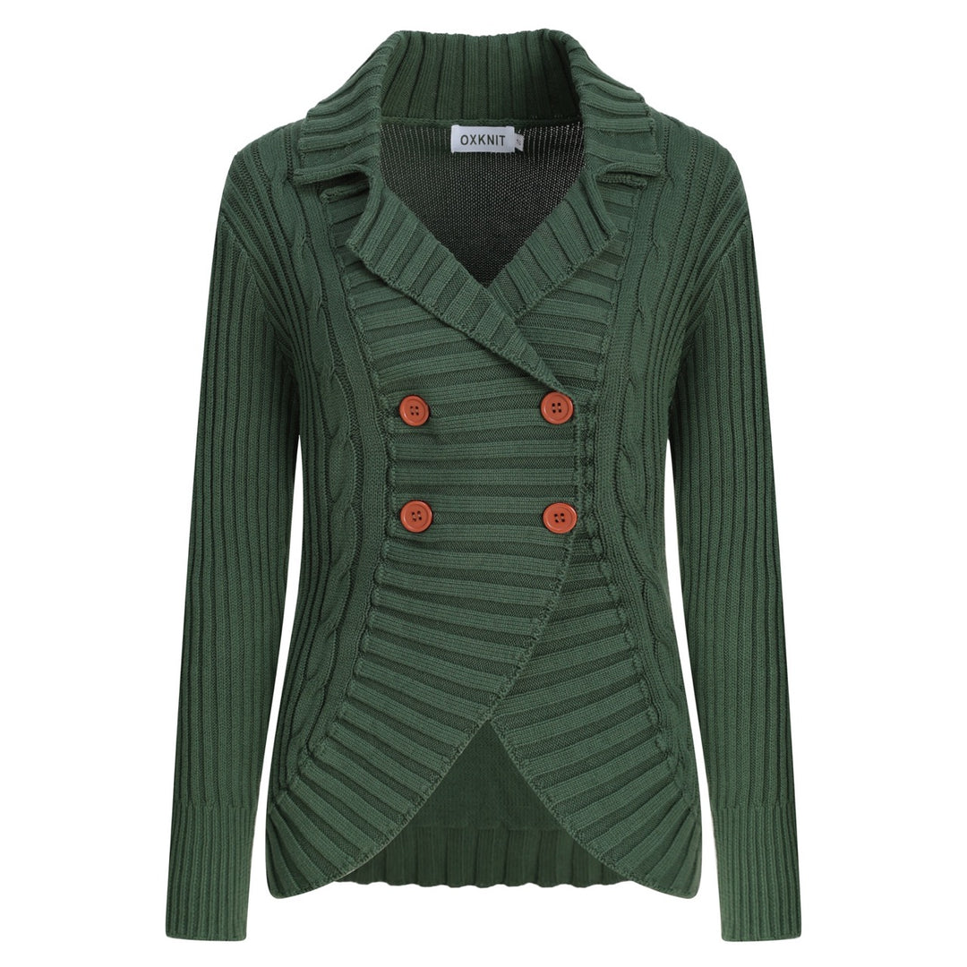 Women's dark green double-breasted knit cardigan with wide lapels, textured ribbed panels, long sleeves, and brown contrast buttons.