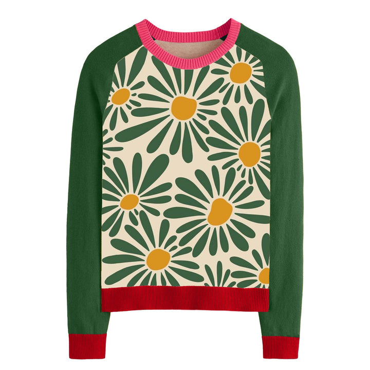 Women's green knit sweater with a cream daisy floral pattern, long sleeves, pink crew neckline, and red ribbed cuffs and hem.