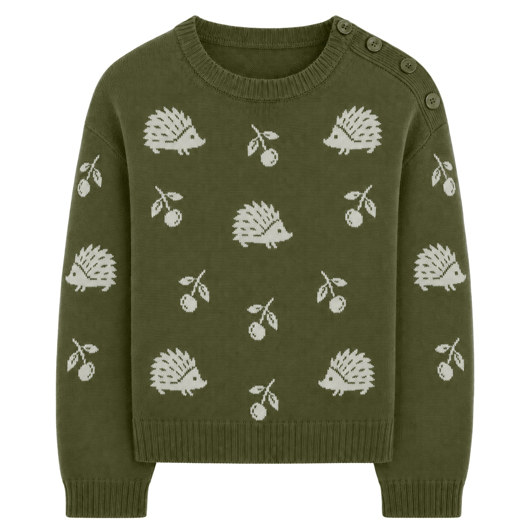 Women's olive green knit sweater with cream hedgehog and cherry motifs, a crew neckline, and decorative shoulder buttons.