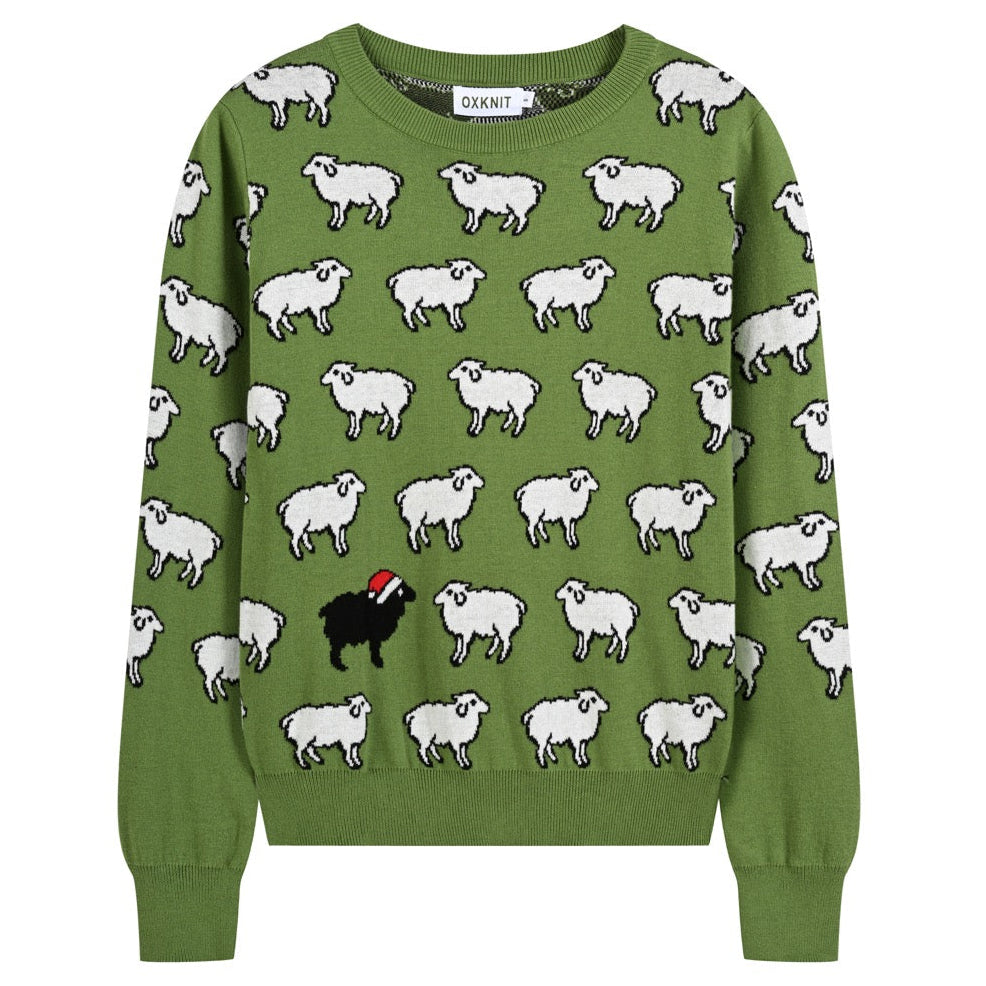 Women's green sheep jacquard knit sweater featuring an all-over white sheep pattern and one black sheep wearing a red Santa hat.