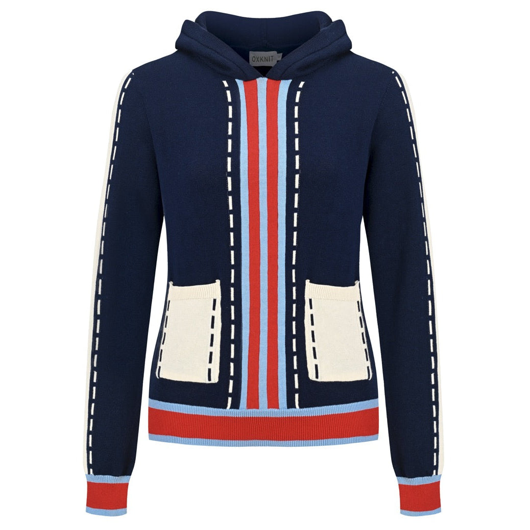 Women's navy retro varsity hooded knit sweater featuring red and light blue vertical stripes, cream front pockets, and contrast trim.