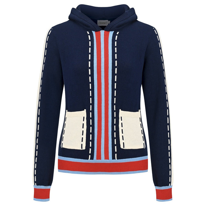 Women's navy retro varsity hooded knit sweater featuring red and light blue vertical stripes, cream front pockets, and contrast trim.