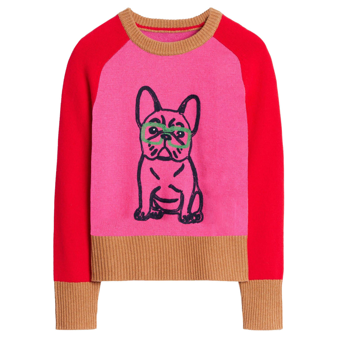 Women's pink French bulldog jacquard knit sweater with red raglan sleeves, tan ribbed trim and a dog motif wearing green glasses.