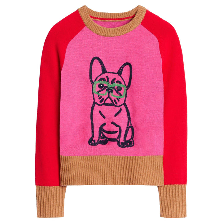 Women's pink French bulldog jacquard knit sweater with red raglan sleeves, tan ribbed trim and a dog motif wearing green glasses.