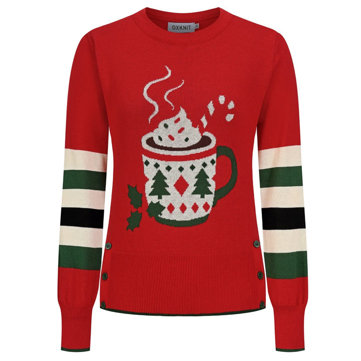 Women's red Christmas mug jacquard knit sweater with a festive hot cocoa graphic, striped sleeves, and decorative side buttons.