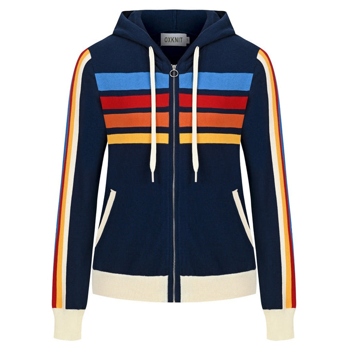 Women's navy striped knit hoodie with colorful horizontal stripes, full zip front, drawstring hood, and front pockets.