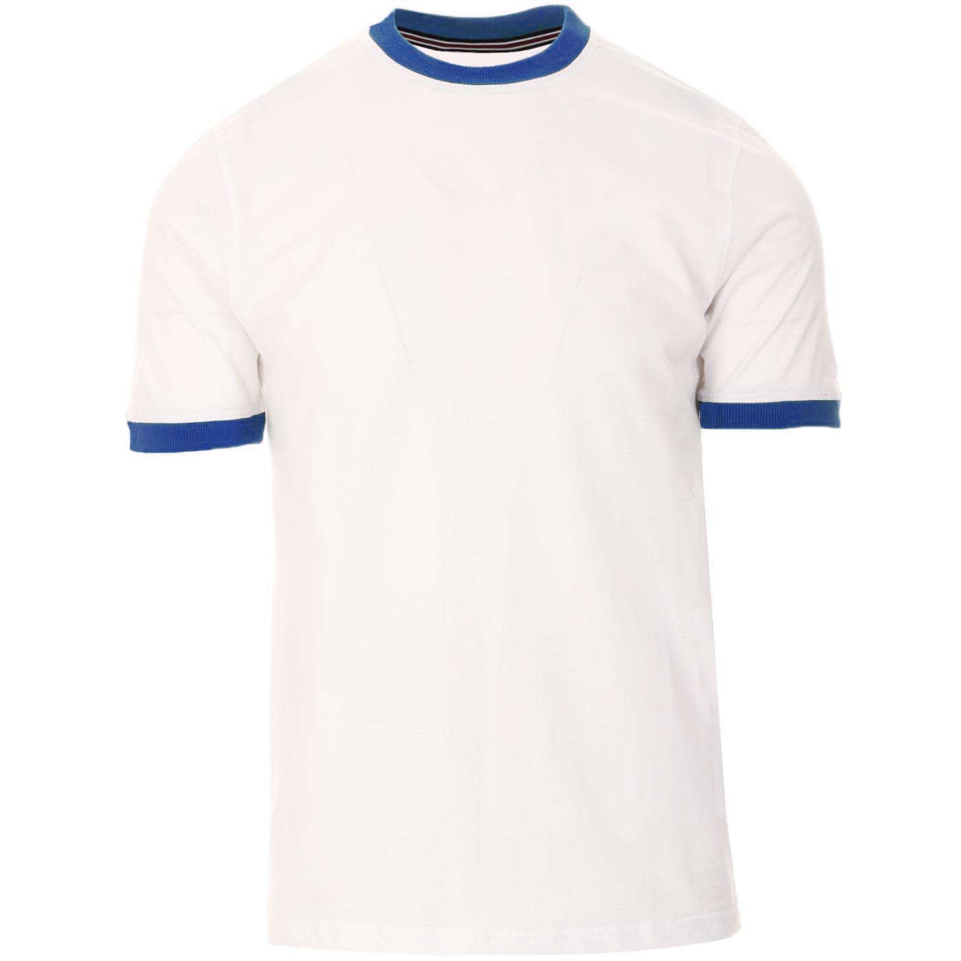 Men's White Cotton T-Shirt With Blue Crew Neck
