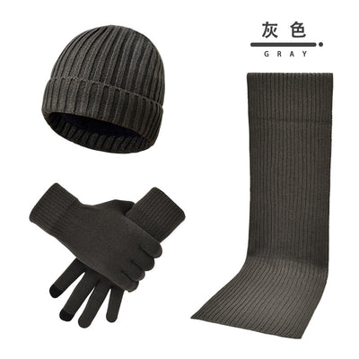 Solid Color Woolen Hat Scarf Gloves Three-Piece Set