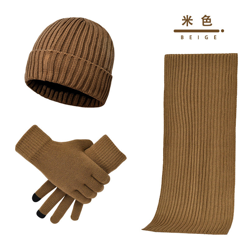 Ensemble trois pièces de gants écharpe bonnet en laine de couleur unie