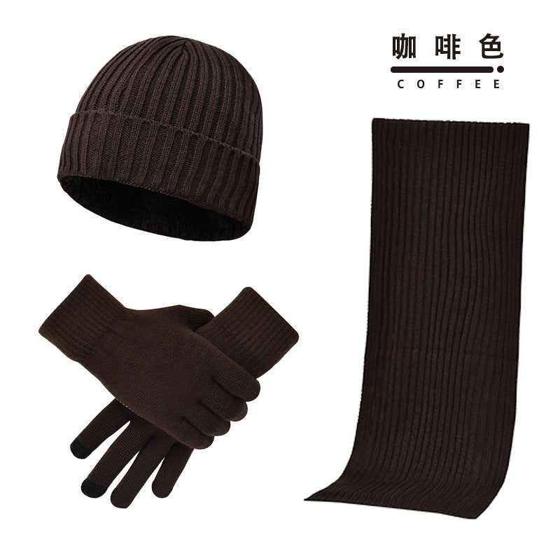 Dreiteiliges Set aus einfarbigem Wollhut, Schal, Handschuhen