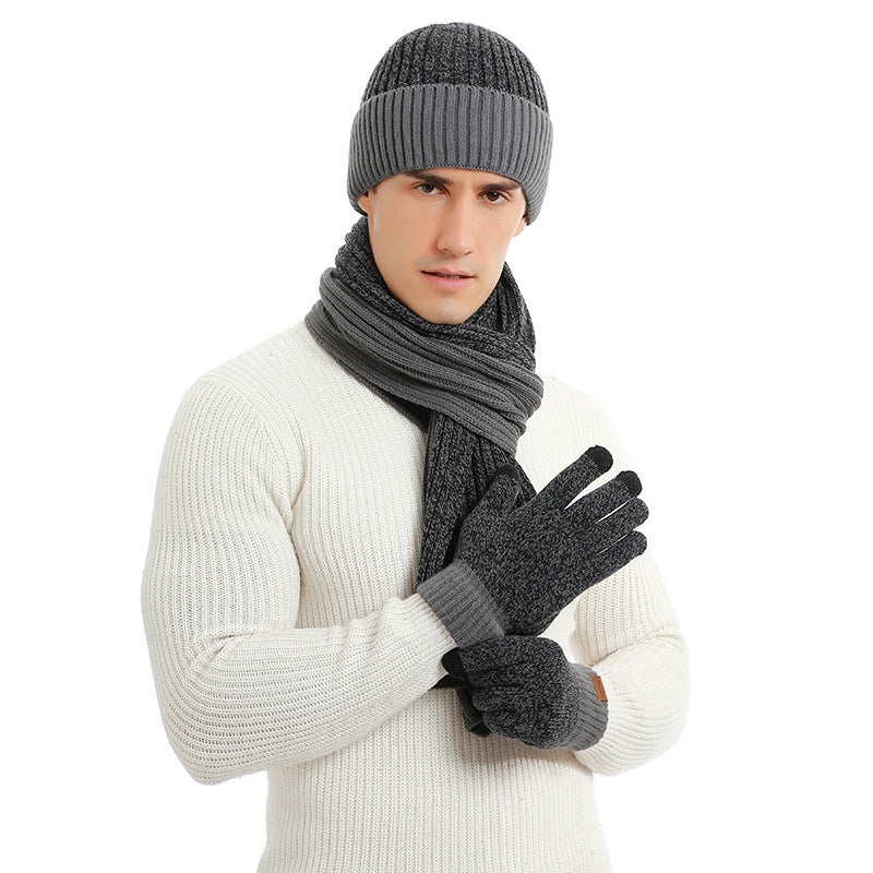 Bonnet en laine d'automne et d'hiver costume bonnet tricoté de couleur assortie écharpe épaissie gants ensemble de trois pièces