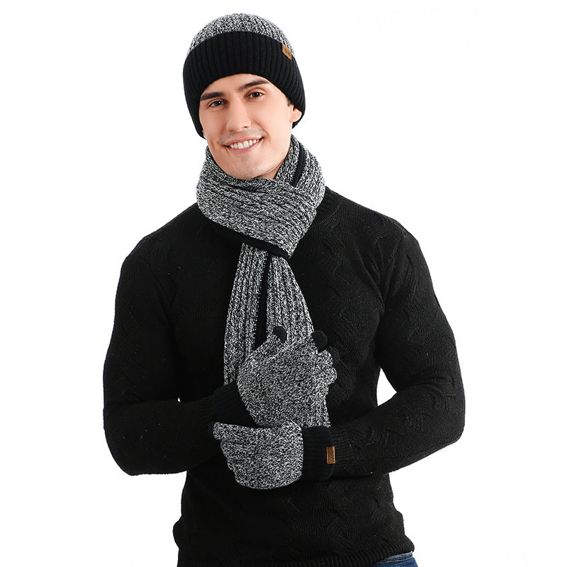 Φθινοπωρινό και χειμερινό μάλλινο κοστούμι καπέλο ασορτί χρώματος πλεκτό καπέλο γάντια κασκόλ Παχύ σετ τριών τεμαχίων