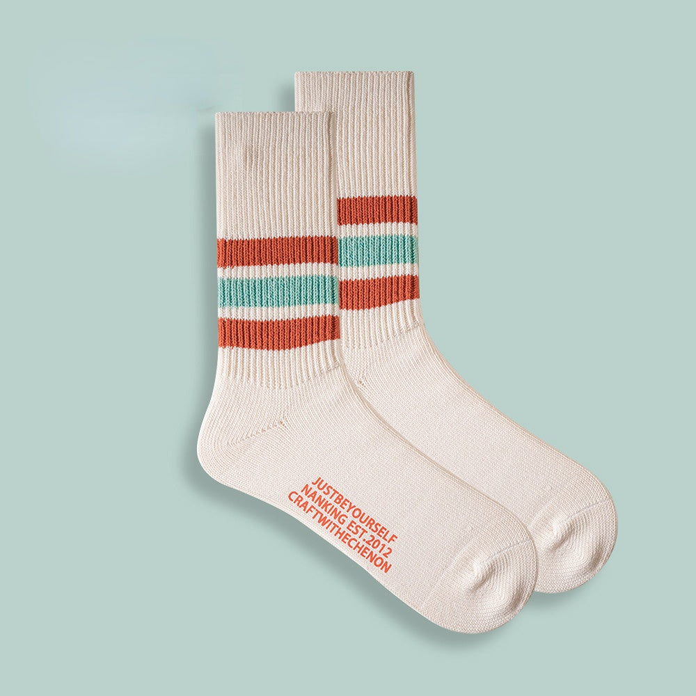 Combed Cotton Thickened Solid Color Striped Retro Long Socks