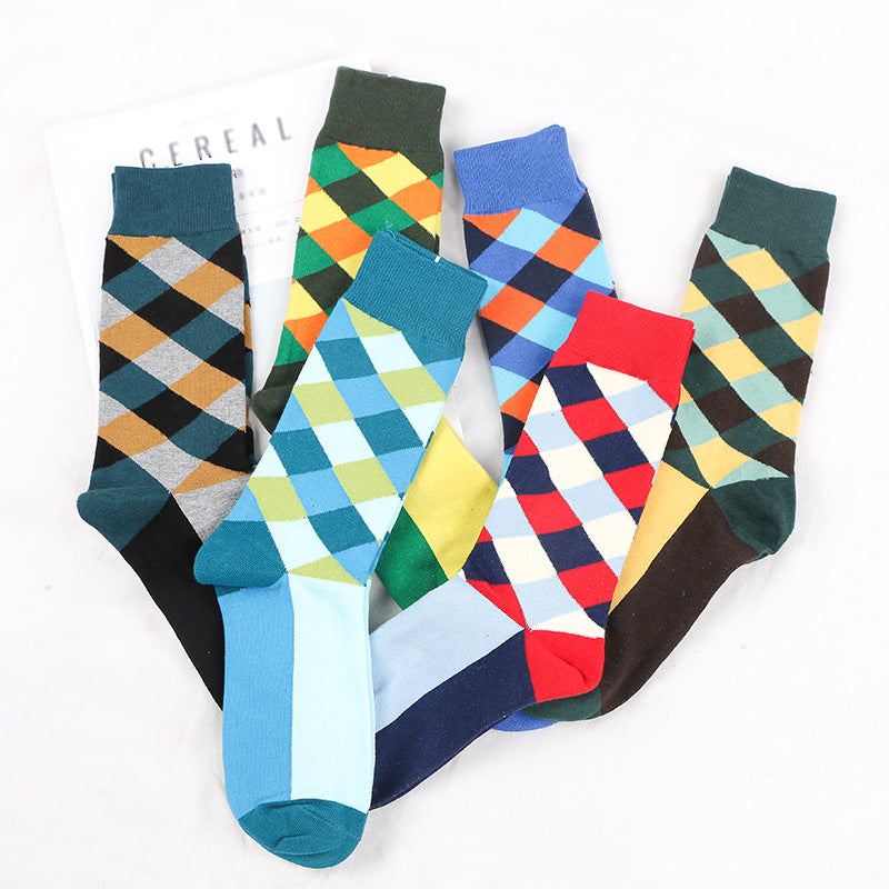 Rhombus Plaid Retro Contrast Color Tube Socken