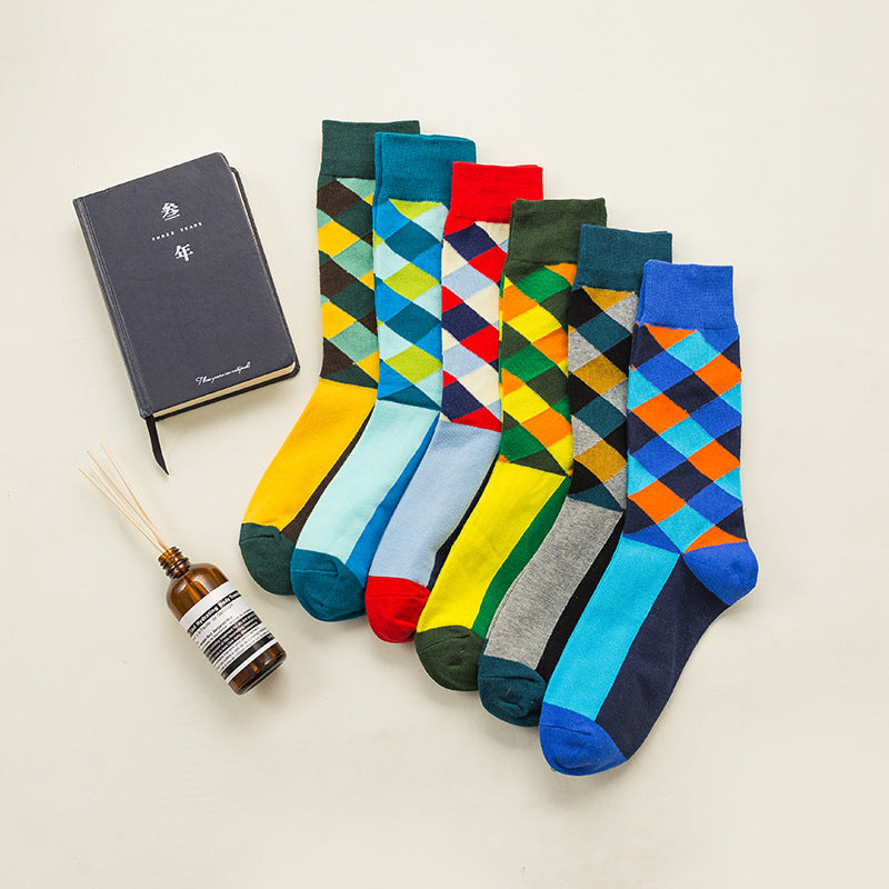 Rhombus Plaid Retro Contrast Color Tube Socken