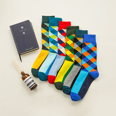 Rhombus Plaid Retro Contrast Color Tube Socken