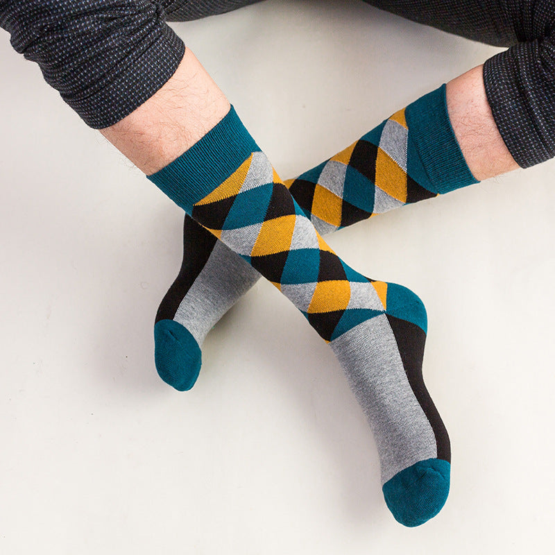 Rhombus Plaid Retro Contrast Color Tube Socks