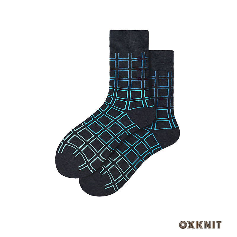 Three-Color Gradient Plaid Striped Mid-Calf Length Socks