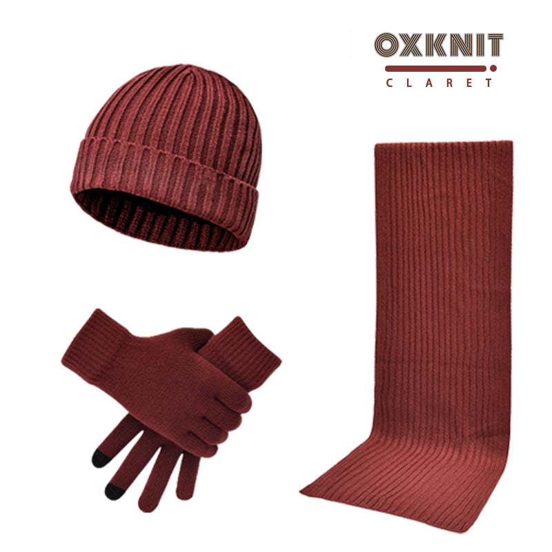 Solid Color Woolen Hat Scarf Gloves Three-Piece Set