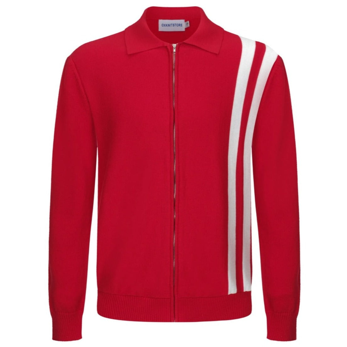 Cárdigan retro rojo de manga larga de punto con cremallera y raya de carrera estilo Mod de los años 60 para hombre