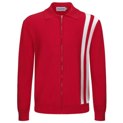 Men's Casual 1960s Mod Style Racing Stripe Zip Knitted Long-Sleeve Red Retro Cardigan