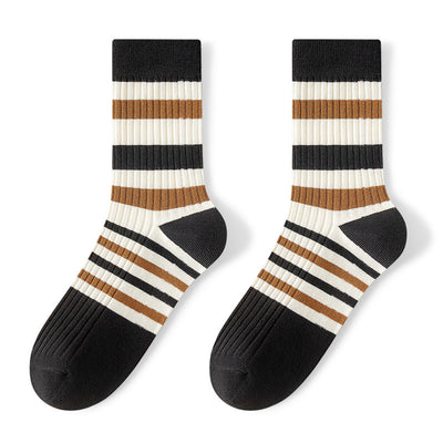 Breathable Sweat Absorbing Men's Mid-Calf Length Sock Striped Colors Retro Socks