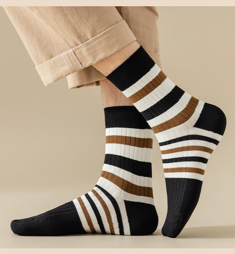 Breathable Sweat Absorbing Men's Mid-Calf Length Sock Striped Colors Retro Socks