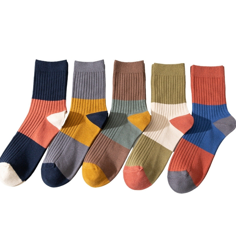 Men's Pure Cotton Socks Contrast Color Trendy Mid-Calf Length Socks